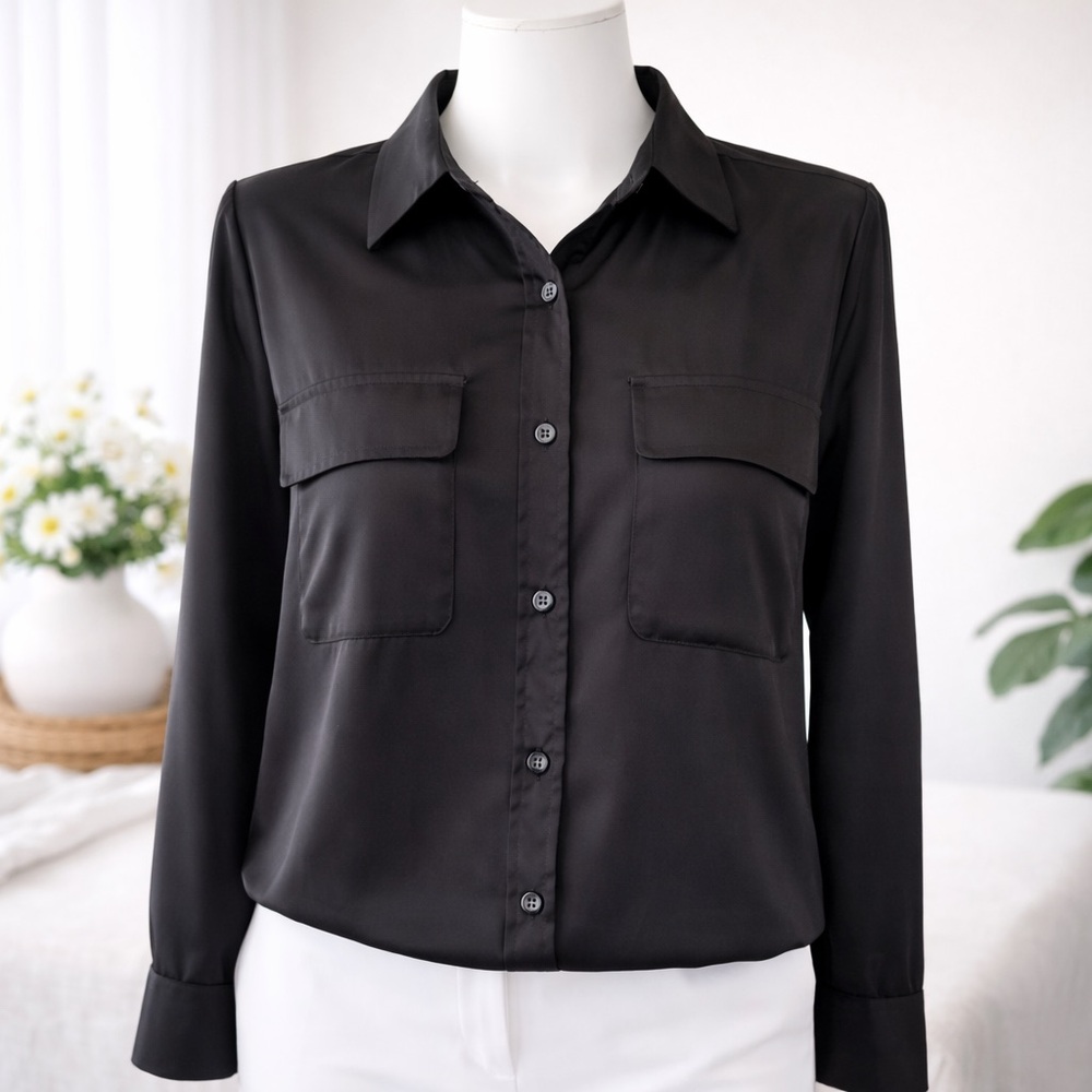 Equipment Black Stretch Button-Down Blouse Size M